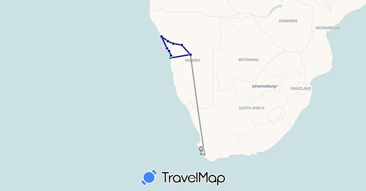 TravelMap itinerary: driving, bus, plane in Namibia, South Africa (Africa)
